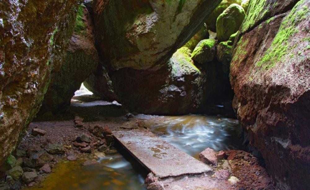 This is an image of the Bear Gulch Cave Trail at Pinnacle National Park in Soledad, California. The path shows massive rocks covered in moss surrounding the trail. There is a board that assists hikers in crossing over the small creek