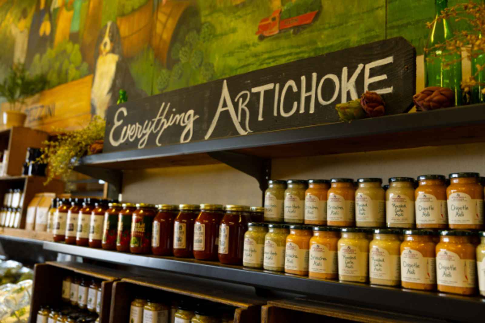 This is an image of the "Everything Artichoke" section at Pezzini Farms in Castroville, California featuring different local goods made of artichoke